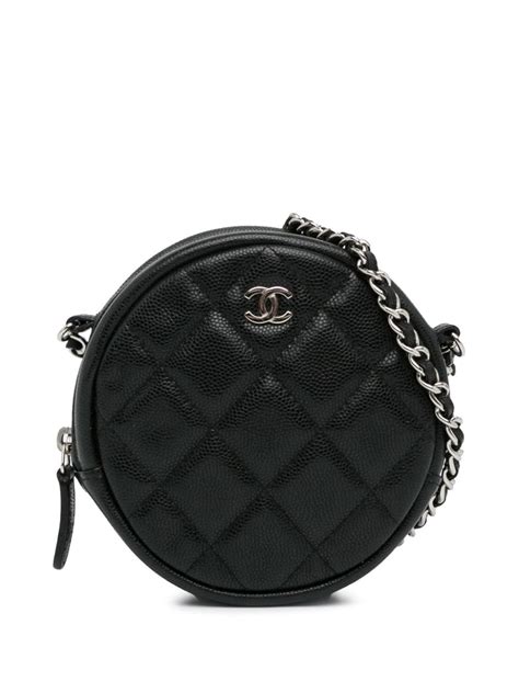 Pre Loved Chanel CC Quilted Caviar Round Clutch With Chain